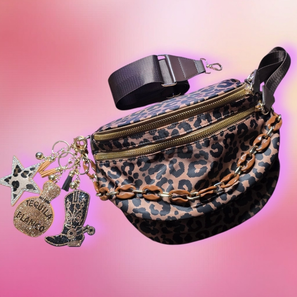 Bum Bag Bundle Deal | Leopard Nylon Crossbody +  Acrylic Chain & 3 Bag Charms